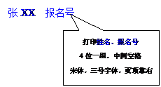 矩形标注: 打印姓名、报名号 4位一组，中间空格 宋体，三号字体，页顶靠右 